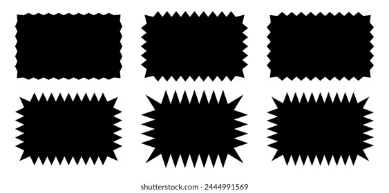 Set of empty black rectangles with zigzag edges. Tags or labels, stickers or badges, stamps rectangular shapes with jagged borders isolated on white background. Vector graphic illustration.