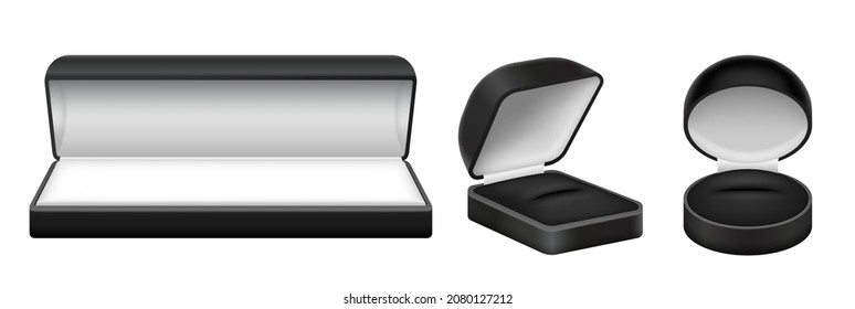 Set of empty black velvet gift box jewelry. Realistic small package various shapes for present. Open velvet case for treasure luxury storage. Vector illustration