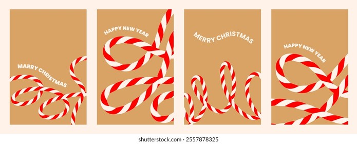 Set Empty blank Abstract Festive Christmas New Year background, greeting card kraft paper with ribbons. Textbox tied up with cotton red rope bakers twine. Packing string for present. Vector EPS10