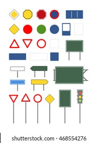 Set of empty blank different road signs isolated on white