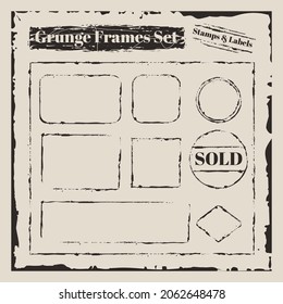 Set of empty blank labels or stamps and frames in grunge style.