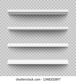 Set of empty and blank realistic 3d white shop shelf, retail or bookshelf. Realistic rectangular empty plastic or wood shelves, store wall display, vector illustration on transparent background.