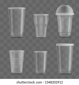 Set of empty and blank transparent disposable plastic cups. Templates and mockups of realistic 3d containers for liquid beverage and drink. Vector illustration on a transparent background.