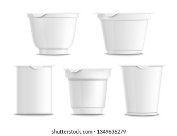 Set of empty and blank white plastic yogurt containers. Templates and mockups of realistic 3d containers for yogurt. Isolated vector illustration packaging on a white background.