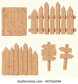 Set of empty, blank wooden planks or boards, guidepost, fence, with cracks and knots and with nails, you can simply regrouped elements depends on your needs,vector