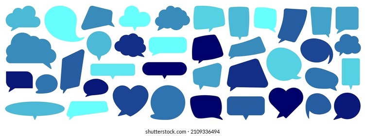 Set of empty blue and turquoise speech bubbles of different shapes. Icon, sticker, tag, label collection.