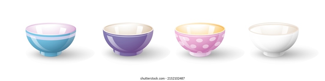 Set of empty bowls. Colorful empty  Noodle bowls isolated on white background. Collection of Kitchen objects for cooking. Bowl realistic. White ceramic glass cooking dishes for food. Vector