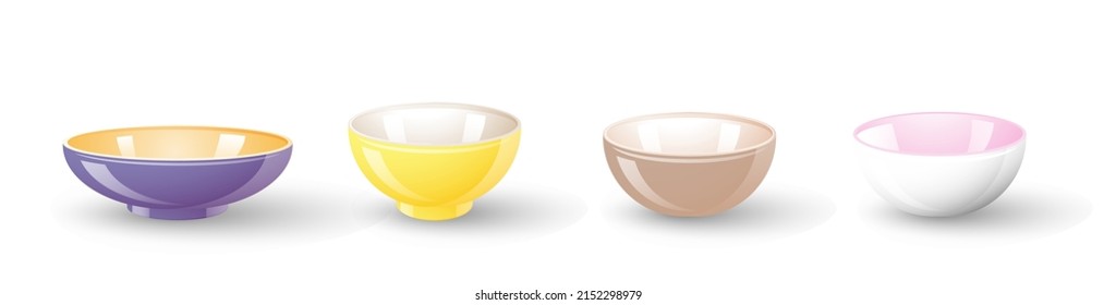 Set of empty bowls. Colorful empty  Noodle bowls isolated on white background. Collection of Kitchen objects for cooking. Bowl realistic. White ceramic glass cooking dishes for food. Vector