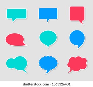 Set of empty bright speech bubbles. Different shapes stickers with shadows. Space for text, creative, apps and websites. Vector illustration.
