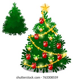 Conjunto de árbol navideño vacío y alegremente decorado con baudias aisladas en fondo blanco. Dibujo de afiche festivo, invitación a fiestas, otra tarjeta de vacaciones. Ilustración de la caricatura vectorial.