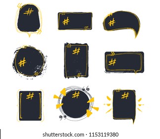 Set of empty bubble banners with hashtags. trendy design for young slang words. Vector illustration