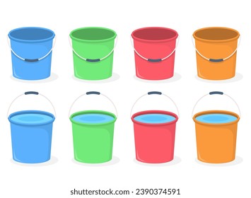 Conjunto de cubos vacíos y cubos con agua, ilustración de eps10 vectoriales