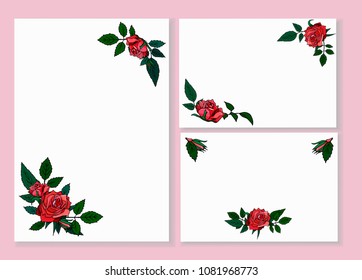 a set of empty cards decorated with hand drawn red roses and leaves. Perfect for invitations, greeting cards, birthday cards, banners, posters etc. 