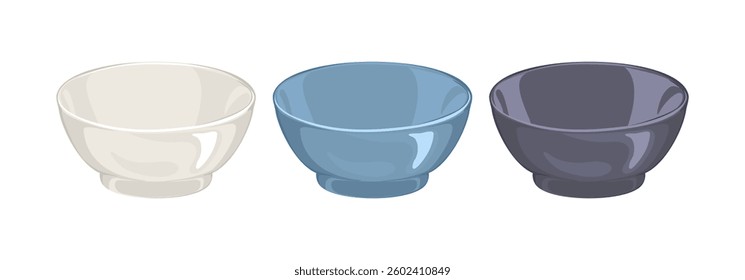 Set of empty ceramic bowls isolated on white background. Vector cartoon flat illustration. 