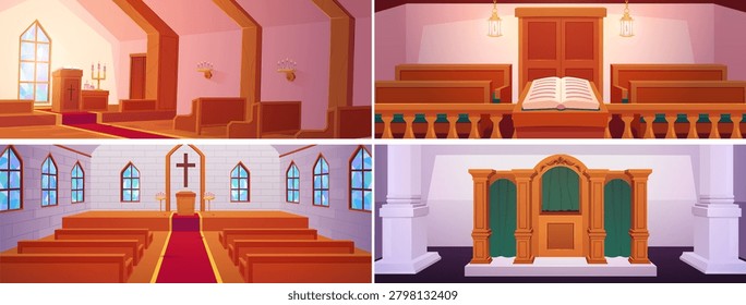 A set of empty church interior templates with an altar, pews, confessional, and Bible. Religion, faith, Christianity, Catholicism. Flat vector illustration. Cartoon style.