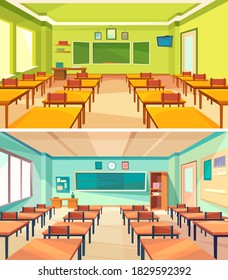 Set of empty classrooms. Classic school interiors.