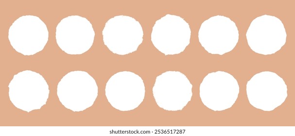 Set of empty clean frames in shape of white paper circles with jagged torn edges, arranged in two rows of six.Vector illustration of background templates for text, collages, tables, infographics.
