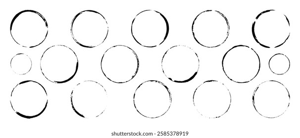 Set of empty clean white circles with black in places illegible outline of different thickness. Imprint of round geometric shapes with leaky edges. Vector brush with paint for marking, highlighting.