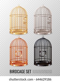 Set of empty closed canary birdcage of various color on transparent background 3d design isolated vector illustration 