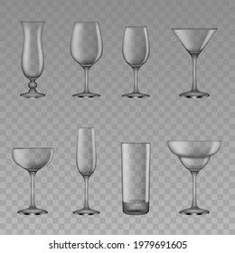 set of empty cocktail glasses.  transparent glasses