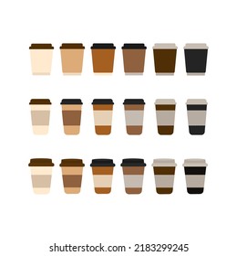 Set of empty coffee cups. Paper mockup, plastic disposable takeaway glasses for cold and hot drinks. Container mockups of plastic cups for juice, tea, coffee vector illustration.