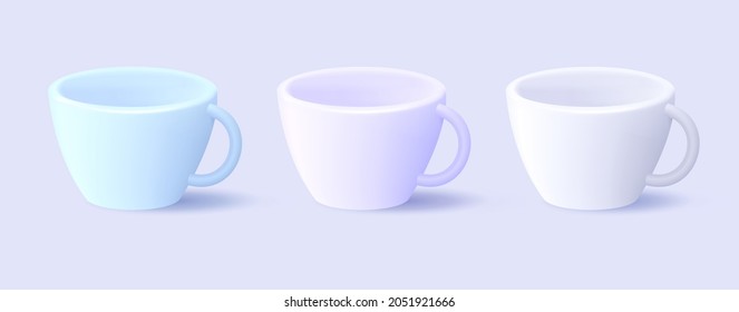 Set of empty coffee or tea cups in 3d render style, light colors, isolated