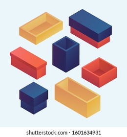 Set of empty colored present boxes. Isometric vector containers.