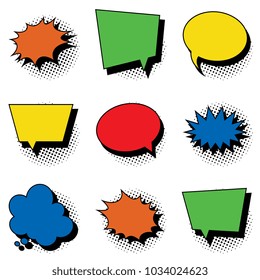 set of empty colorful comic speech bubbles with halftone dotted shadows