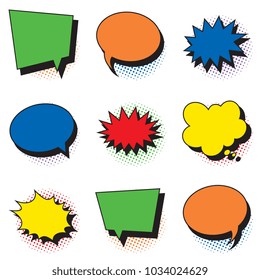 set of empty colorful comic speech bubbles with halftone dotted shadows