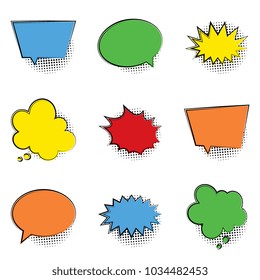 set of empty colorful comic speech bubbles with halftone dotted shadows