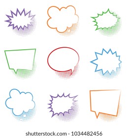 set of empty colorful comic speech bubbles with halftone dotted shadows