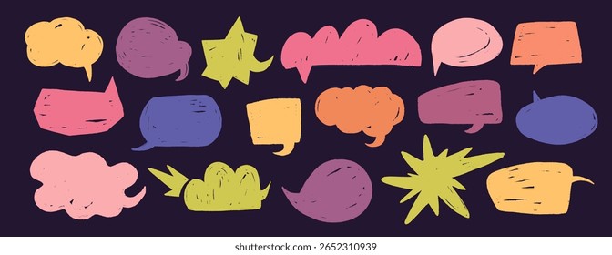 Set of empty colorful hand-drawn crayon speech bubbles, featuring grunge style charcoal clouds and chalky, doodle style balloon boxes. Vector collection in a playful, childlike scribble style