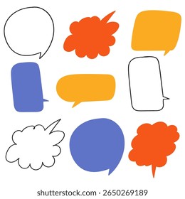 Set of empty colorful speech bubbles. Templates. Flat and outline design. Graphic vector illustrations on white background.