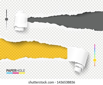 Set of empty colorful teared paper hole from right and left side banner with scrolled torn piece on transparent background. Vector revealing ad message concept