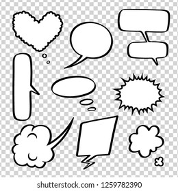 Set of empty comic bubbles and elements on transparent background. Vector illustration in pop art style.