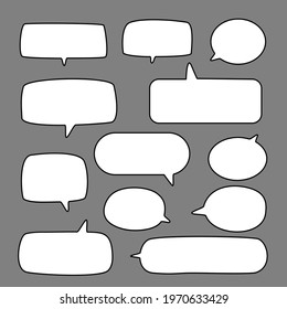 set of empty comic speech bubble in flat design on grey background, collection of blank white sticker for chat symbol, tag, label or dialog word