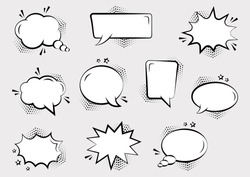Set Of Empty Comic Speech Bubbles Different Shapes With Halftone Shadows And Stars, Hand Drawn. Sound Effects In Pop Art Style. Vector Illustration