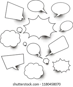set of empty comic speech bubbles on white paper background.