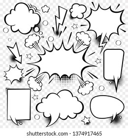 set of empty comic speech bubbles on transparent  background