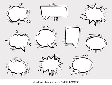 Set of empty comic speech bubbles different shapes with halftone shadows and stars, hand drawn. Sound effects in pop art style. Vector illustration