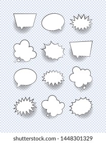 set of empty comic speech bubbles with halftone dotted shadows. vintage pop art dialog elements easy to edit and customize. eps 10