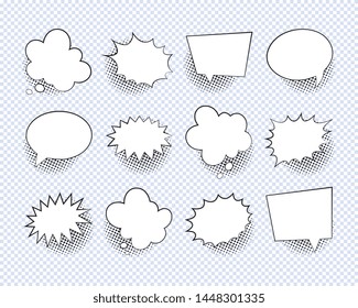 set of empty comic speech bubbles with halftone dotted shadows. vintage pop art dialog elements easy to edit and customize. eps 10