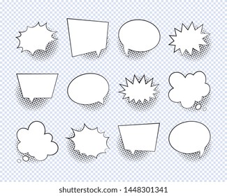 set of empty comic speech bubbles with halftone dotted shadows. vintage pop art dialog elements easy to edit and customize. eps 10