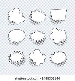 set of empty comic speech bubbles with halftone dotted shadows. vintage pop art dialog elements easy to edit and customize. eps 10