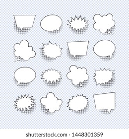 set of empty comic speech bubbles with halftone dotted shadows. vintage pop art dialog elements easy to edit and customize. eps 10