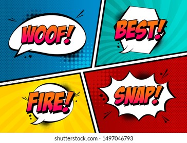 Set of empty comic speech bubbles different shapes with halftone shadows and stars, hand drawn. Comic sound effects in pop art style. Vector Illustration