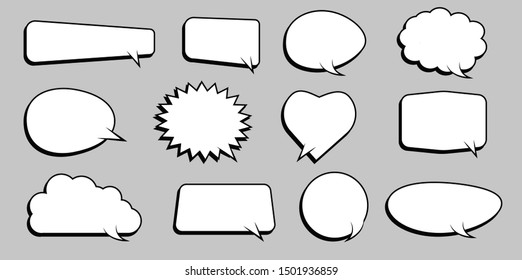 Set of empty comic speech bubbles different shapes with halftone shadows and stars, hand drawn. Comic sound effects in pop art style. Vector Illustration