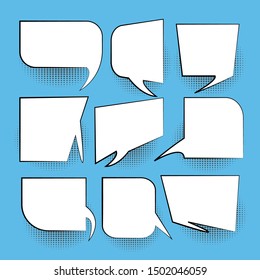 Set of empty comic speech bubbles different shapes with halftone dot shadows. Speech doodle set  space for text. Creative, apps and websites.  on blue background - vector illustration
