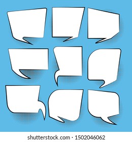 Set of empty comic speech bubbles different shapes with halftone dot shadows. Speech doodle set  space for text. Creative, apps and websites.  on blue background - vector illustration
