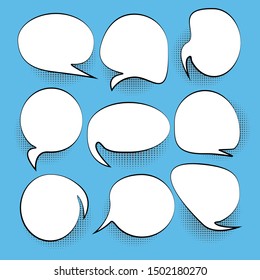Set of empty comic speech bubbles collection, different shapes with halftone dot shadows. Speech doodle set  space for text. Creative, apps and websites.  on blue background  - vector illustration
